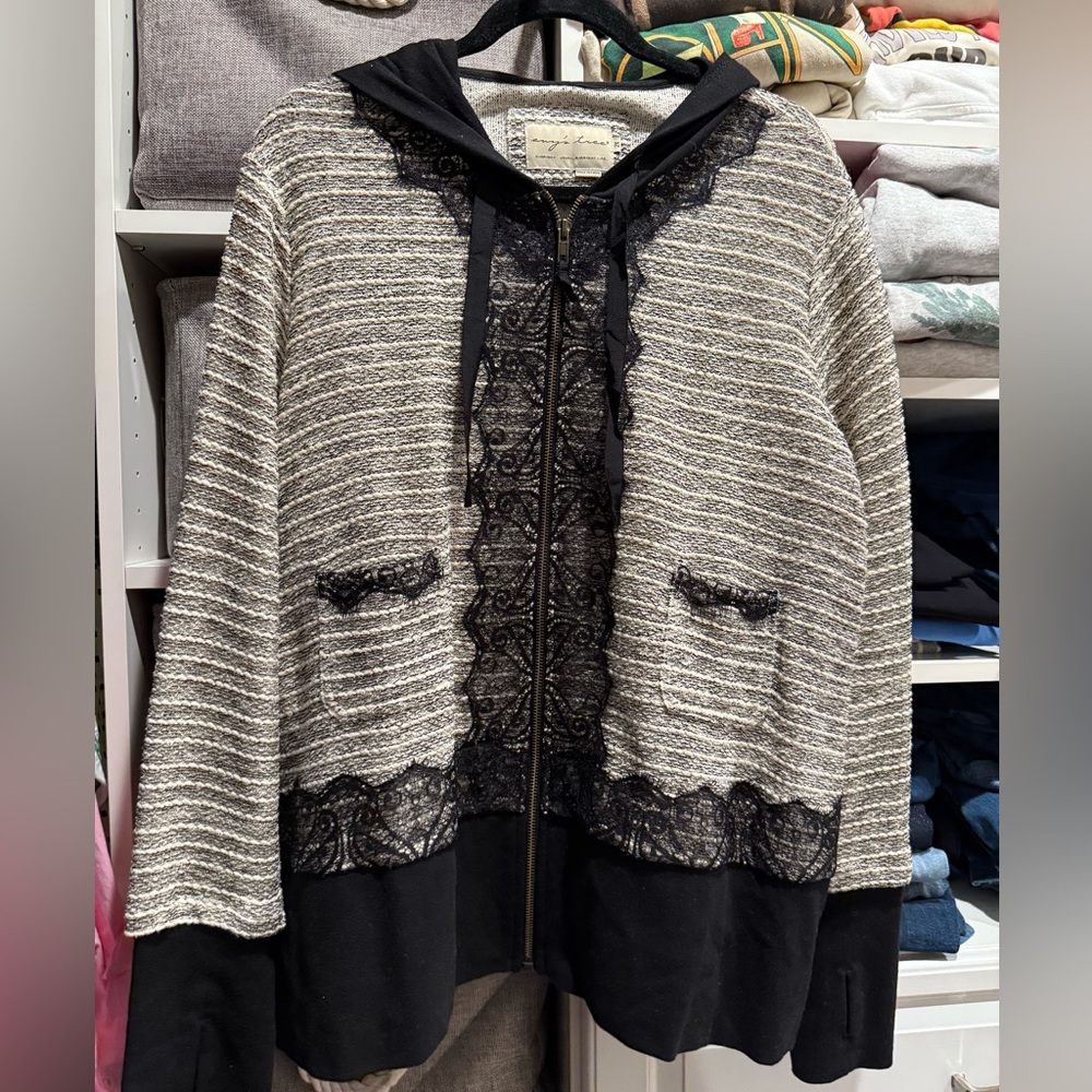 Evy's Tree Black and Gray Tweed and Lace Zipper Hoodie
